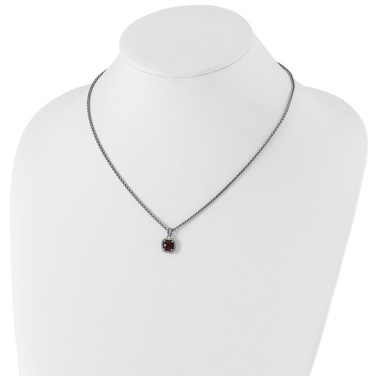 GSS Sterling Silver with 14K Accent 18 Inch Antiqued Checkerboard Bezel Garnet Necklace