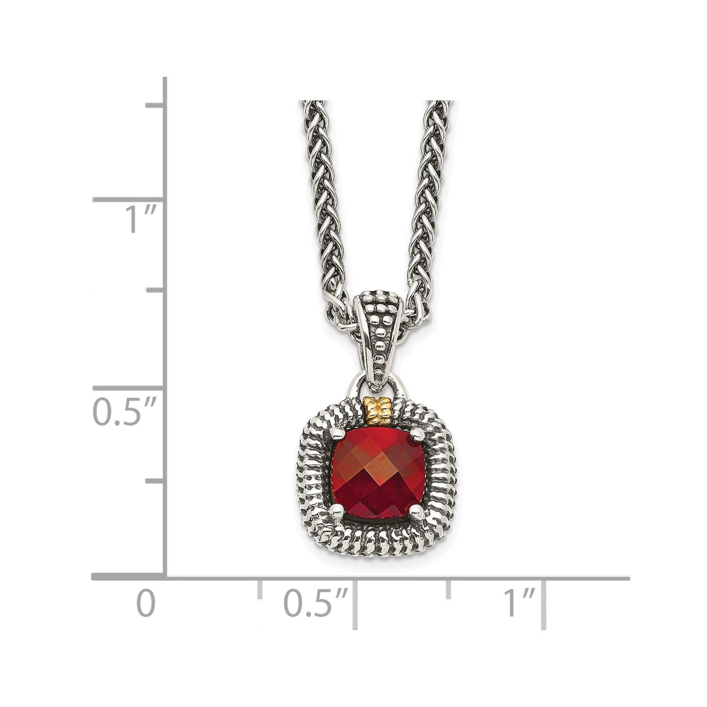 GSS Sterling Silver with 14K Accent 18 Inch Antiqued Checkerboard Bezel Garnet Necklace