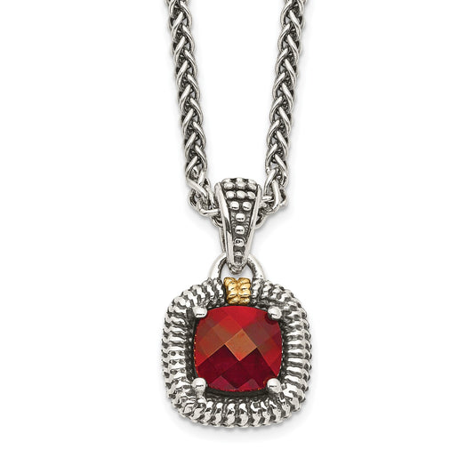 GSS Sterling Silver with 14K Accent 18 Inch Antiqued Checkerboard Bezel Garnet Necklace