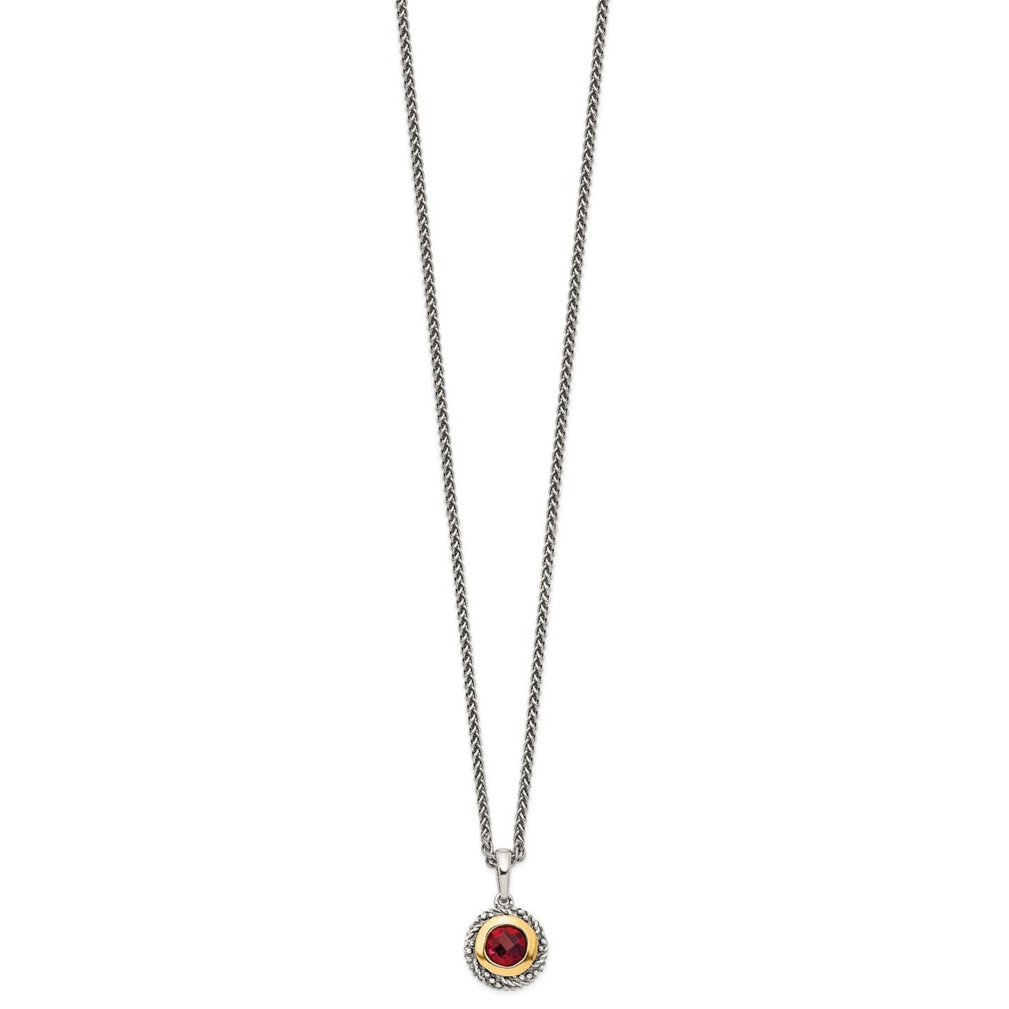GSS Sterling Silver with 14K Accent 18 Inch Antiqued Checkerboard Round Bezel Garnet Necklace
