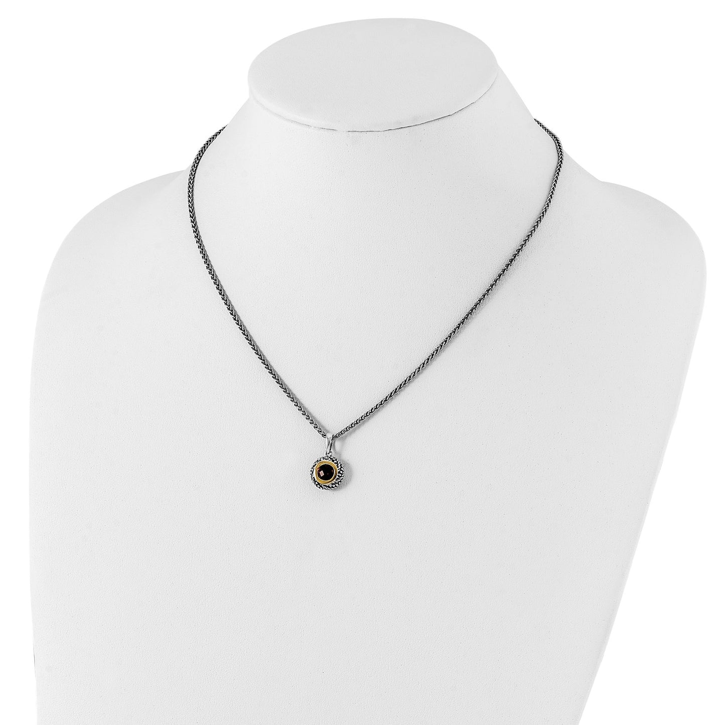 GSS Sterling Silver with 14K Accent 18 Inch Antiqued Checkerboard Round Bezel Garnet Necklace