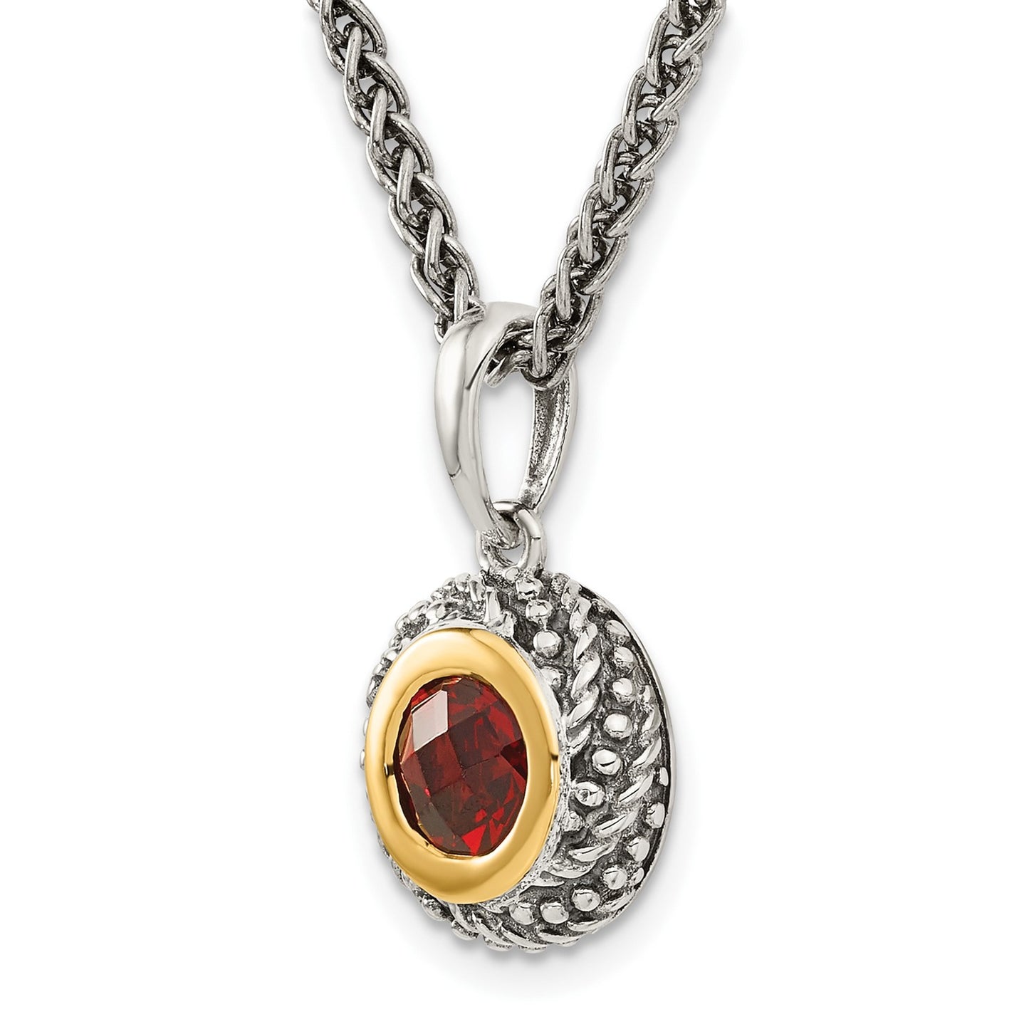 GSS Sterling Silver with 14K Accent 18 Inch Antiqued Checkerboard Round Bezel Garnet Necklace