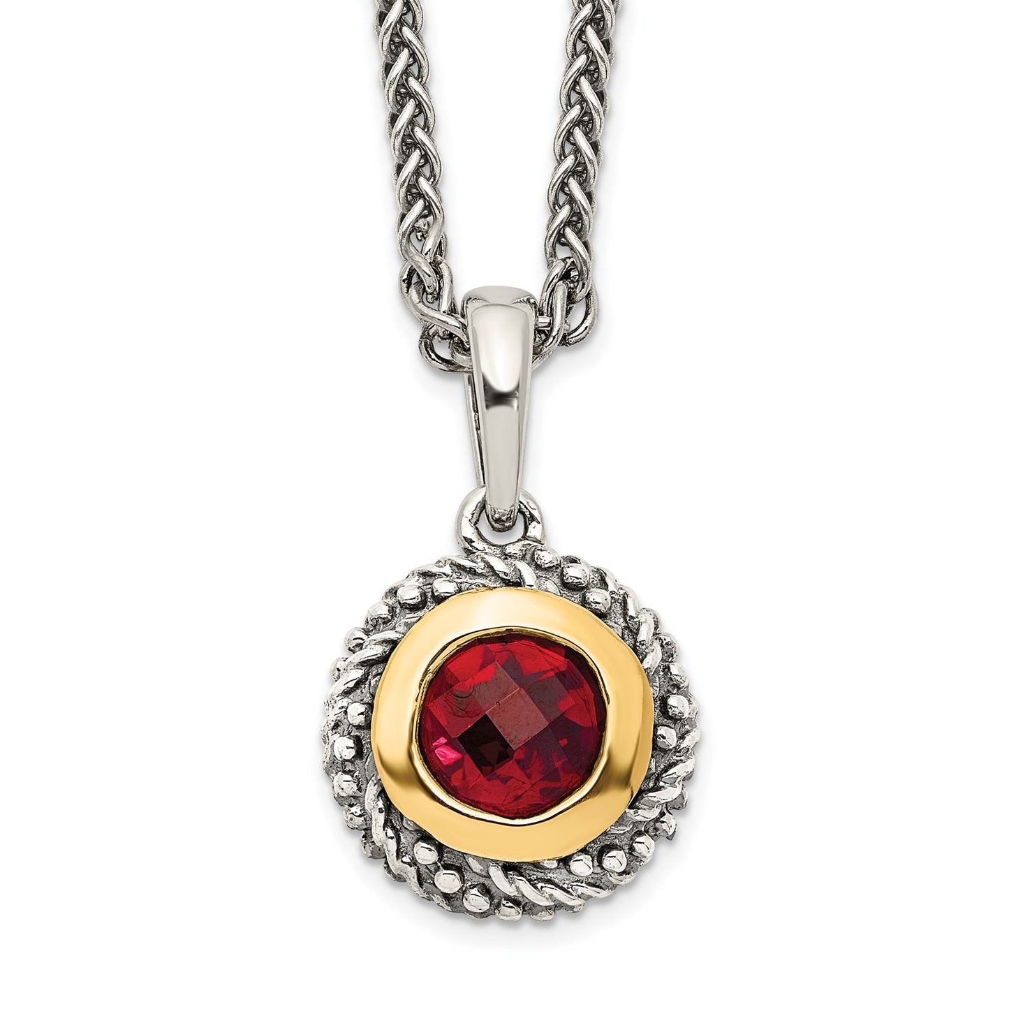 GSS Sterling Silver with 14K Accent 18 Inch Antiqued Checkerboard Round Bezel Garnet Necklace