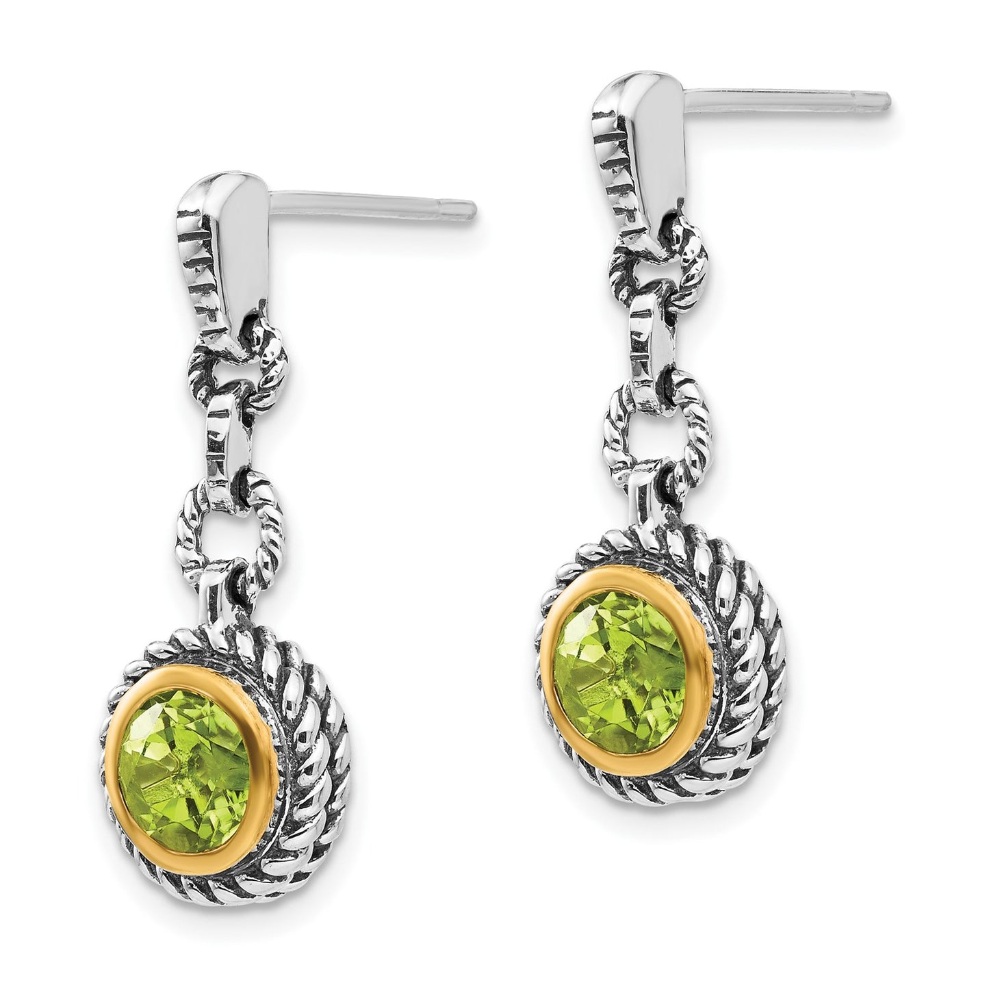 GSS Sterling Silver Gold-tone Flash Gold-plated Antiqued Round Bezel Peridot Post Dangle Earrings