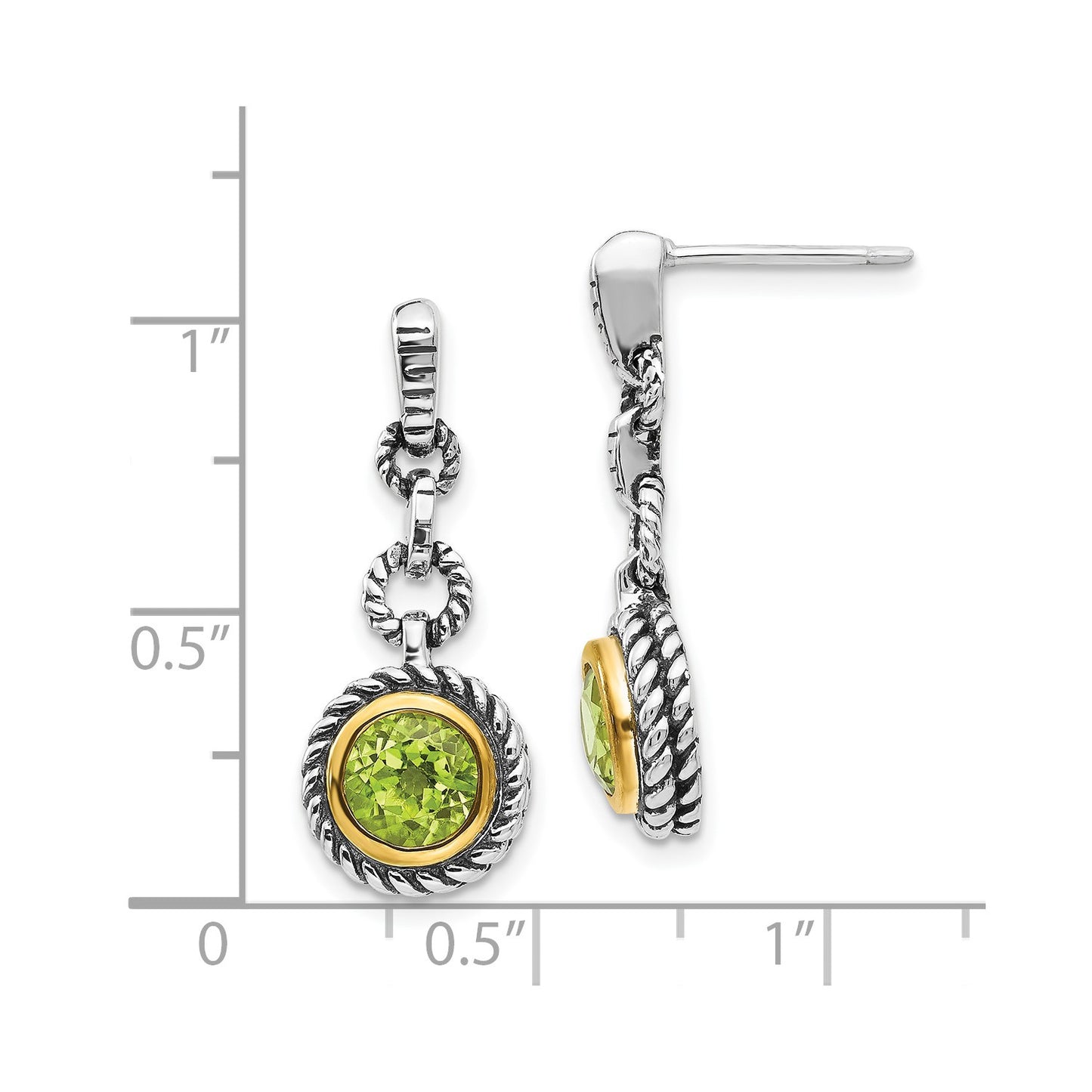 GSS Sterling Silver Gold-tone Flash Gold-plated Antiqued Round Bezel Peridot Post Dangle Earrings
