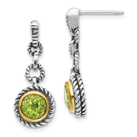 GSS Sterling Silver Gold-tone Flash Gold-plated Antiqued Round Bezel Peridot Post Dangle Earrings