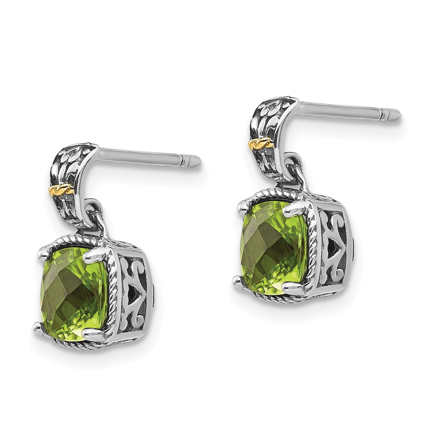 GSS Sterling Silver with 14K Accent Antiqued Cushion Peridot Dangle Post Earrings