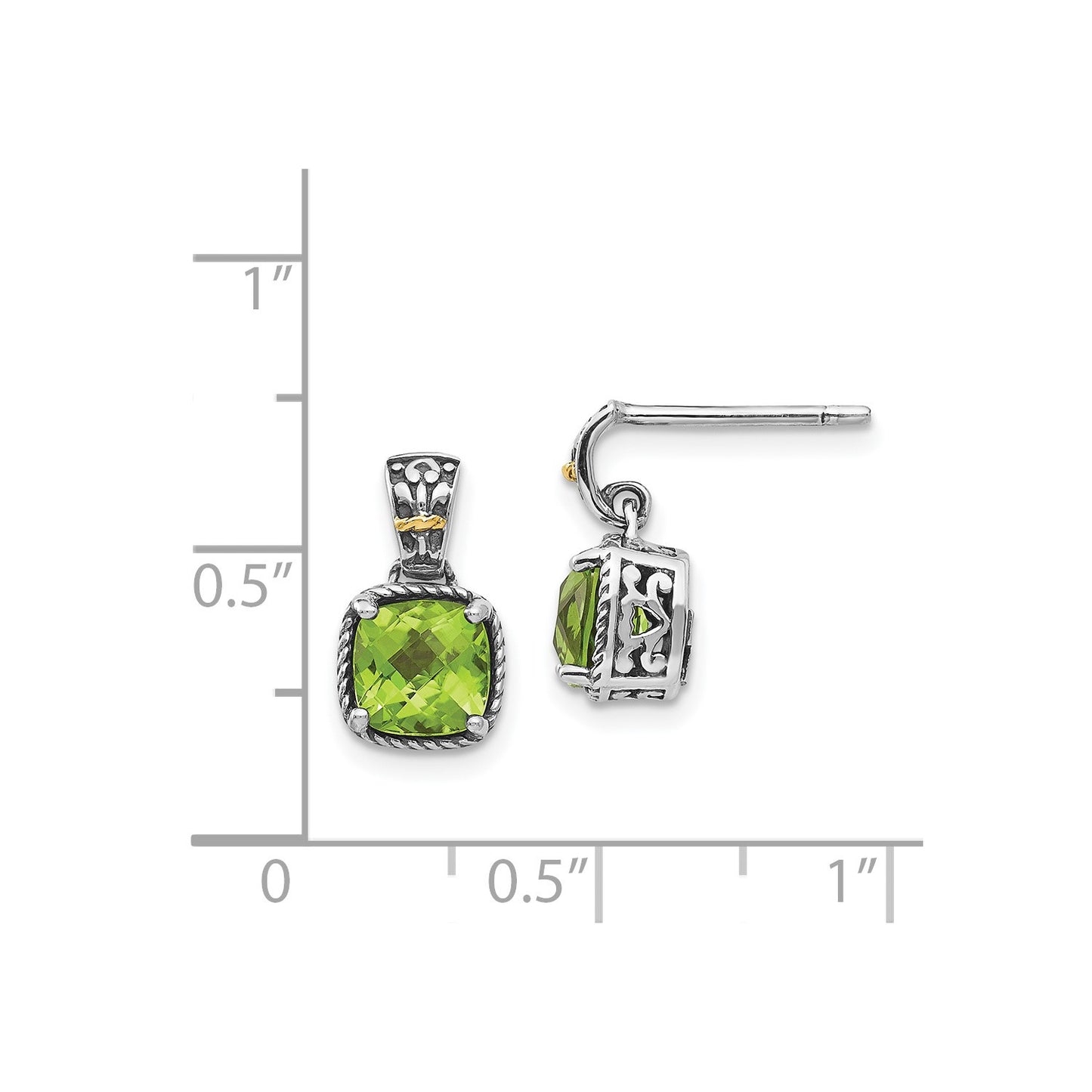 GSS Sterling Silver with 14K Accent Antiqued Cushion Peridot Dangle Post Earrings