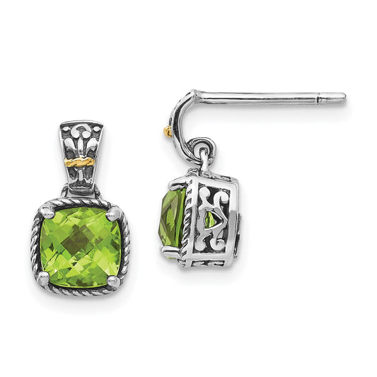 GSS Sterling Silver with 14K Accent Antiqued Cushion Peridot Dangle Post Earrings