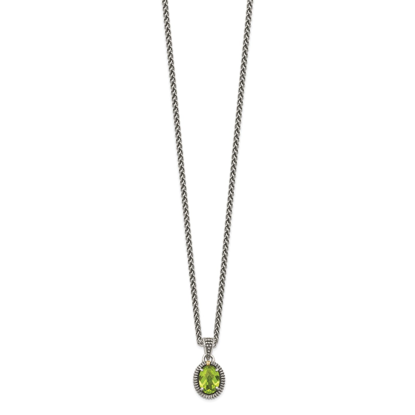 GSS Sterling Silver with 14K Accent 18 Inch Antiqued Peridot Oval Necklace