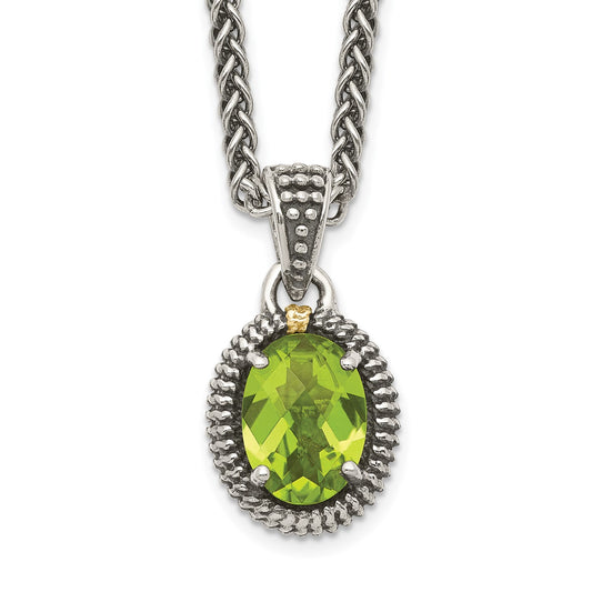 GSS Sterling Silver with 14K Accent 18 Inch Antiqued Peridot Oval Necklace