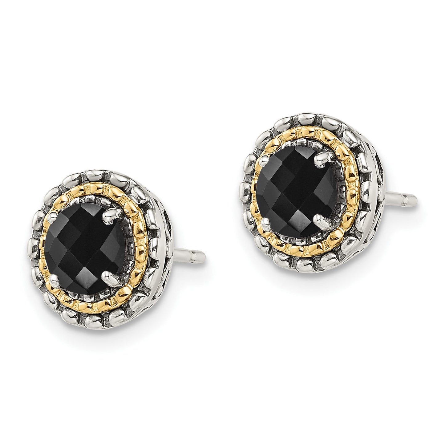 GSS Sterling Silver with 14K Accent Antiqued Polished Checkerboard-cut Black Onyx Earrings