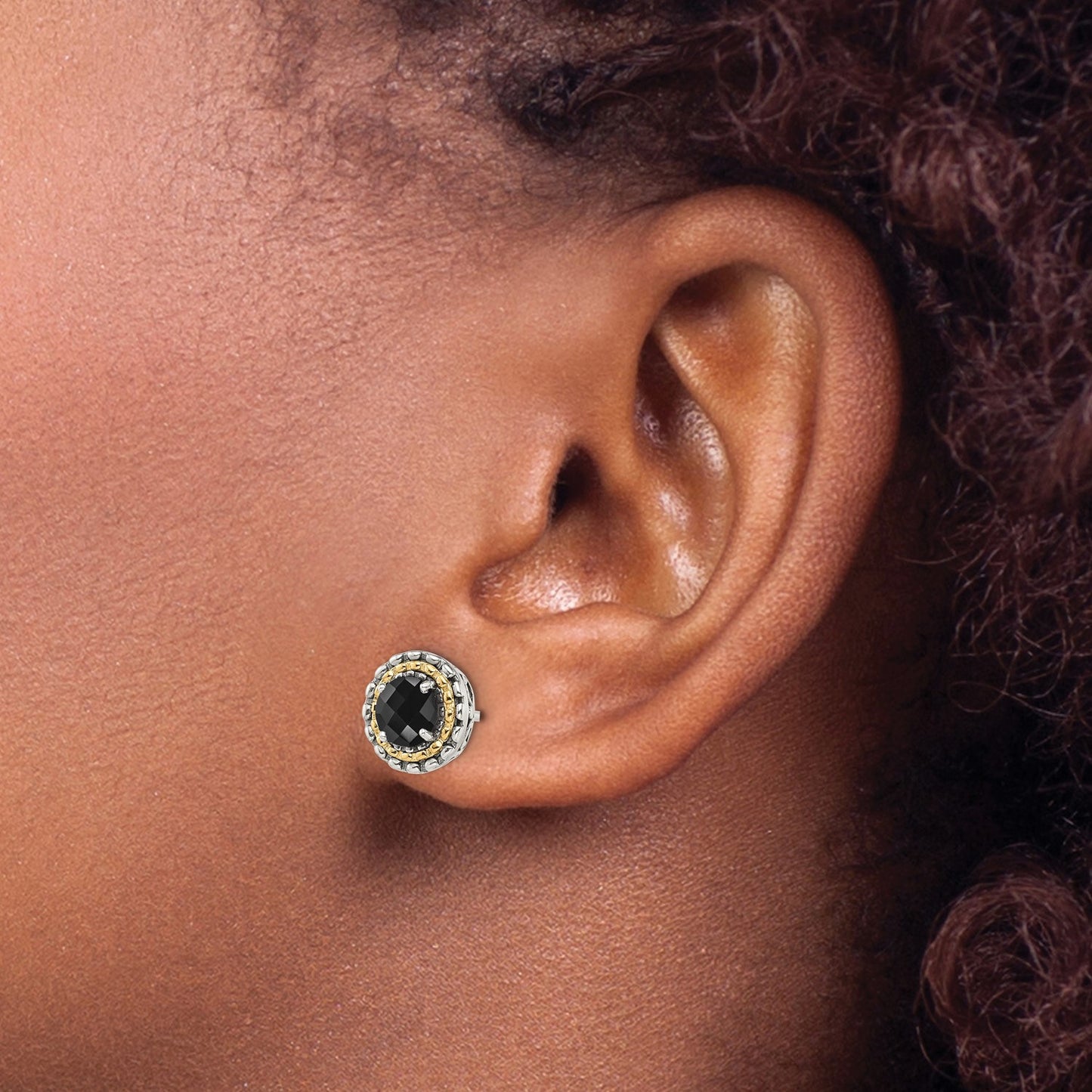 GSS Sterling Silver with 14K Accent Antiqued Polished Checkerboard-cut Black Onyx Earrings