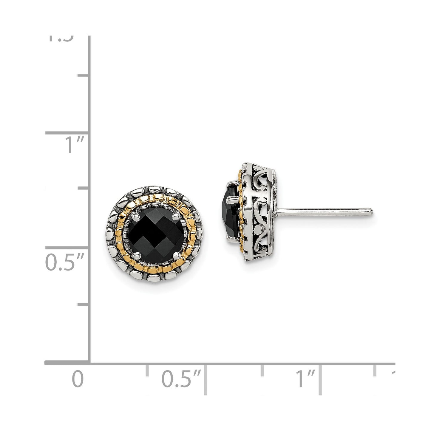 GSS Sterling Silver with 14K Accent Antiqued Polished Checkerboard-cut Black Onyx Earrings