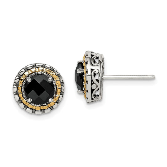 GSS Sterling Silver with 14K Accent Antiqued Polished Checkerboard-cut Black Onyx Earrings