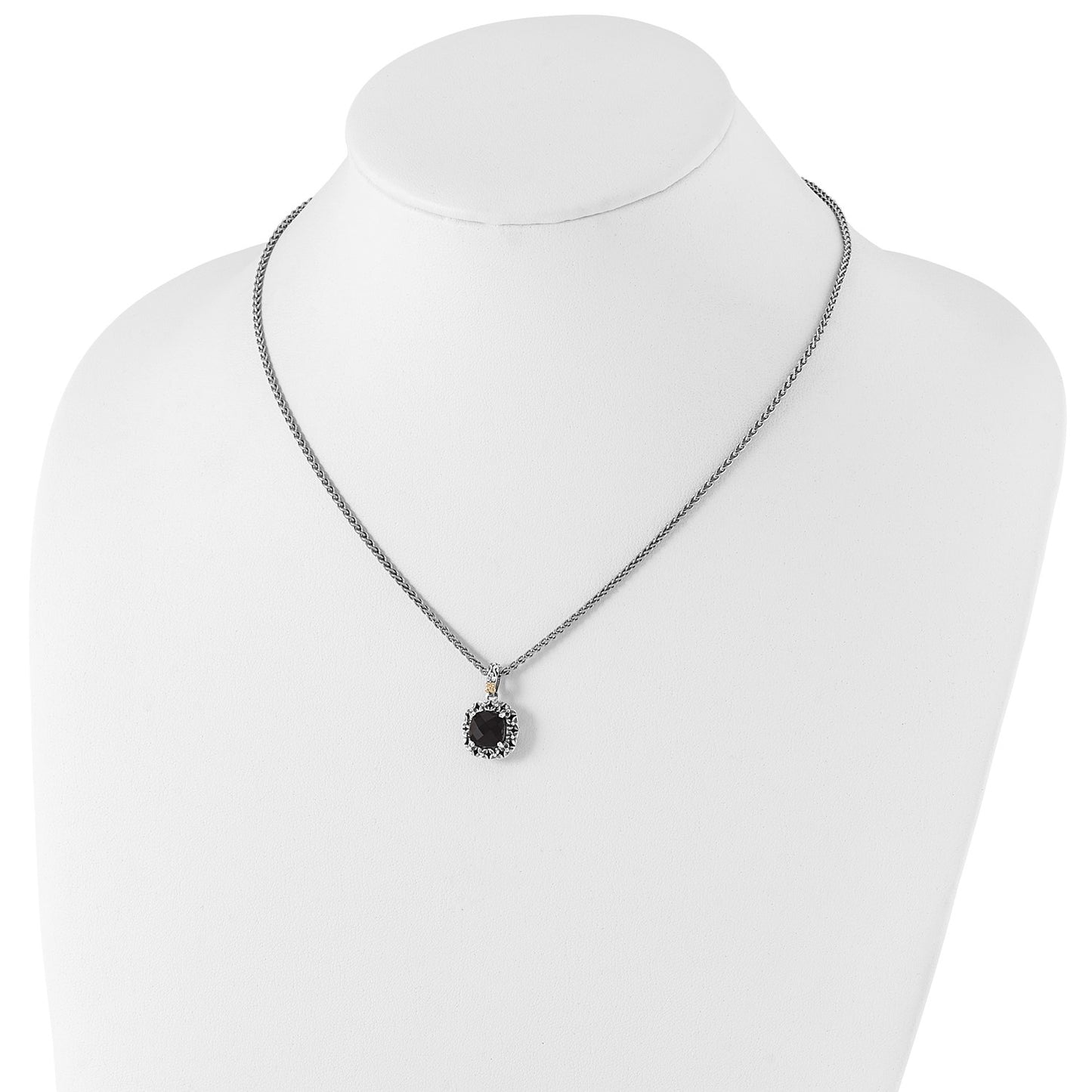 GSS Sterling Silver with 14K Accent 18 Inch Antiqued Checkerboard-cut Black Onyx Necklace