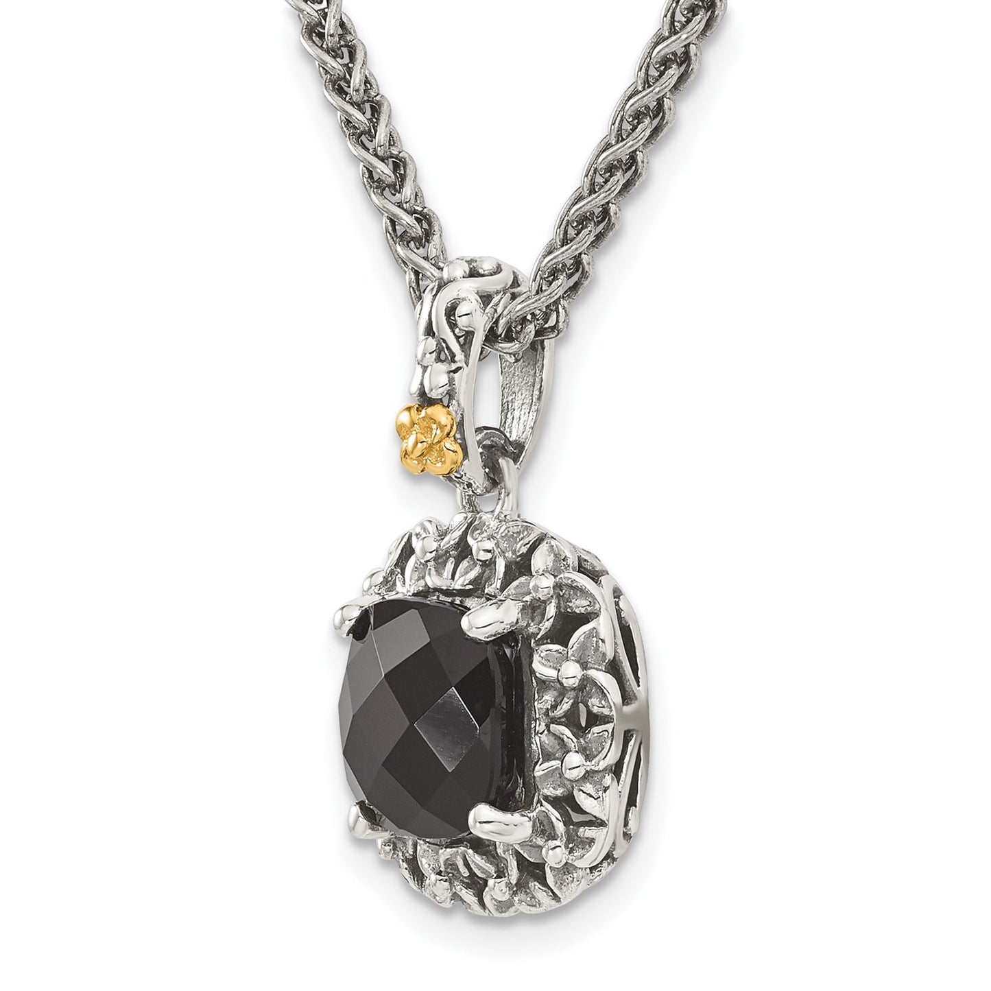 GSS Sterling Silver with 14K Accent 18 Inch Antiqued Checkerboard-cut Black Onyx Necklace