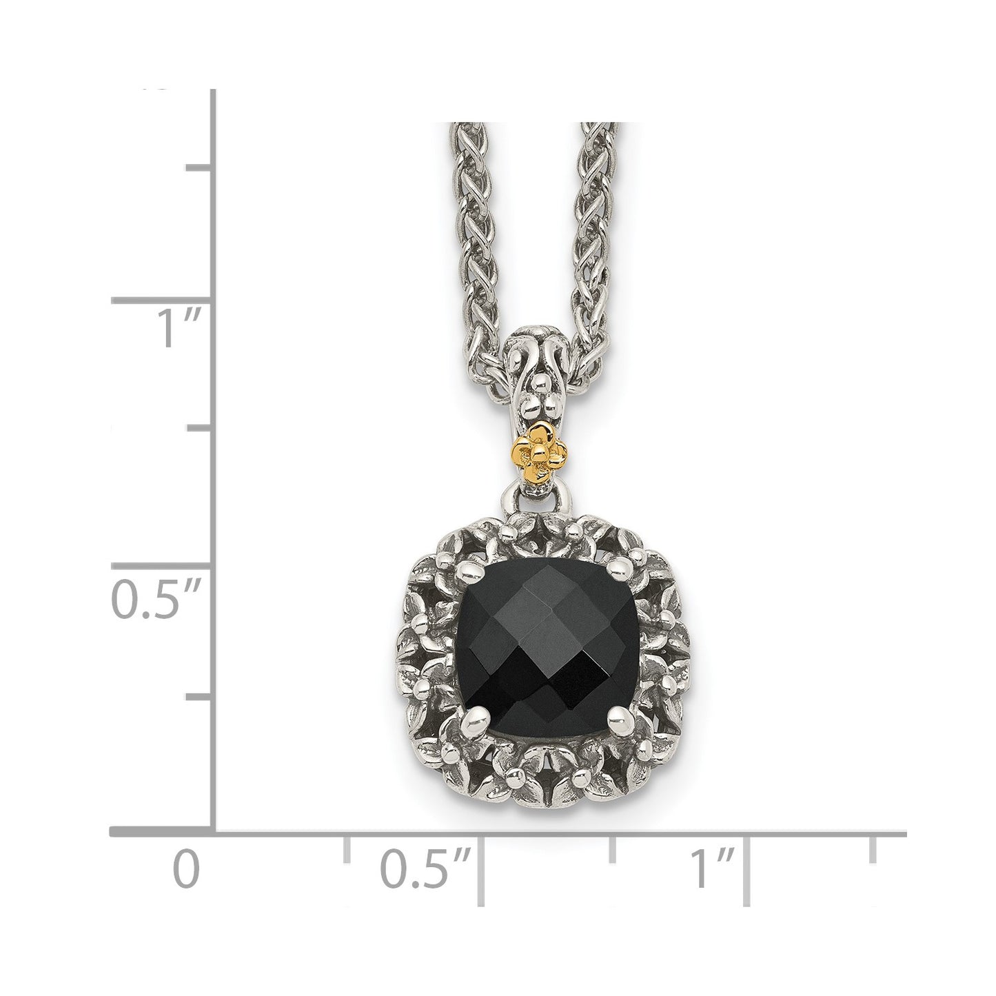 GSS Sterling Silver with 14K Accent 18 Inch Antiqued Checkerboard-cut Black Onyx Necklace