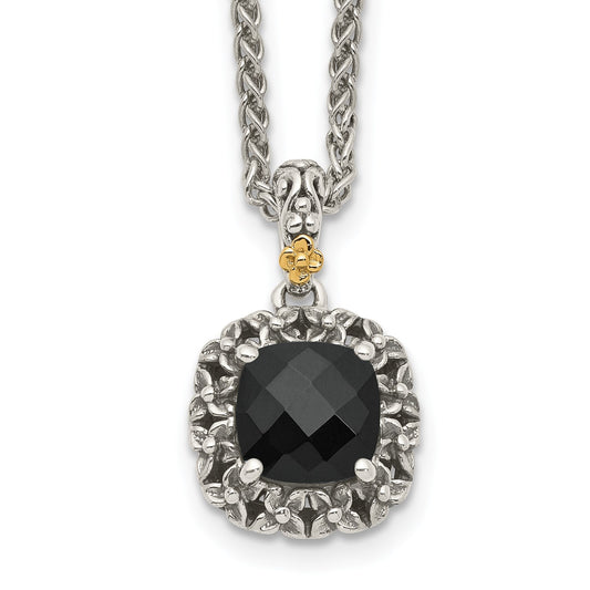 GSS Sterling Silver with 14K Accent 18 Inch Antiqued Checkerboard-cut Black Onyx Necklace