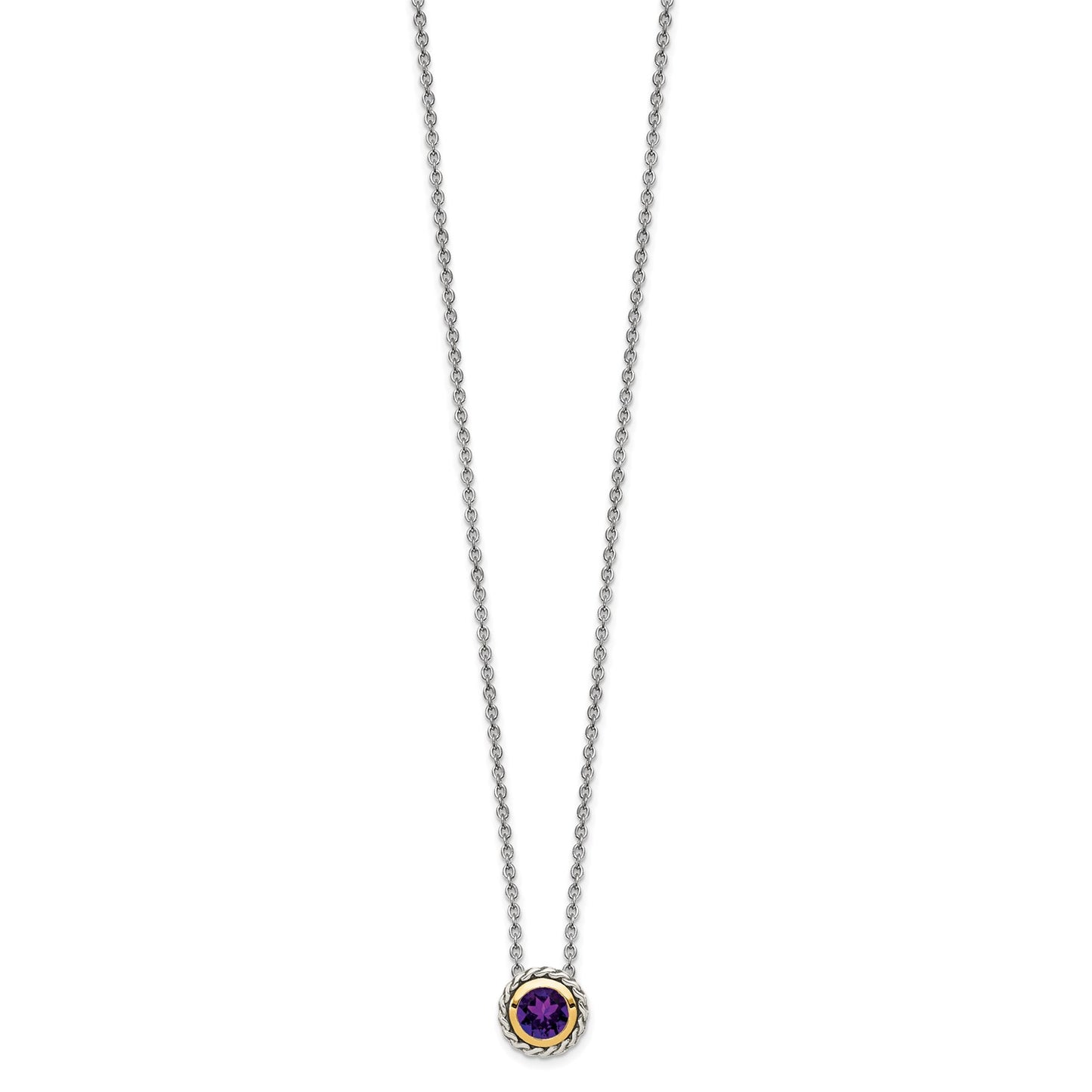GSS Sterling Silver with 14K Accent 18 Inch Antiqued Round Bezel Amethyst Necklace
