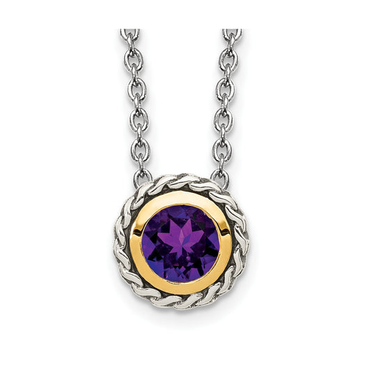 GSS Sterling Silver with 14K Accent 18 Inch Antiqued Round Bezel Amethyst Necklace