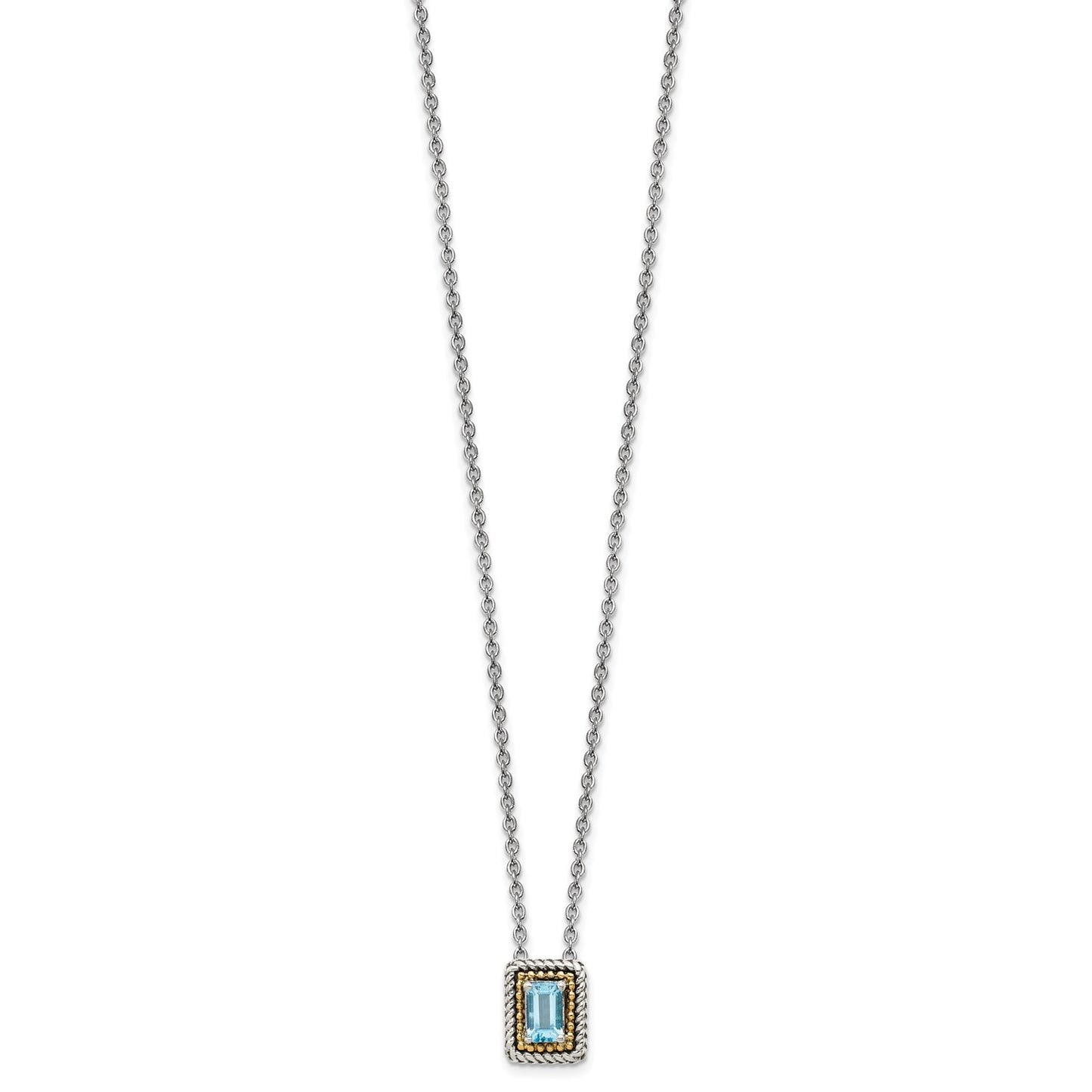 GSS Sterling Silver with 14K Accent 18 Inch Emerald-cut Antiqued Light Swiss Blue Topaz Necklace