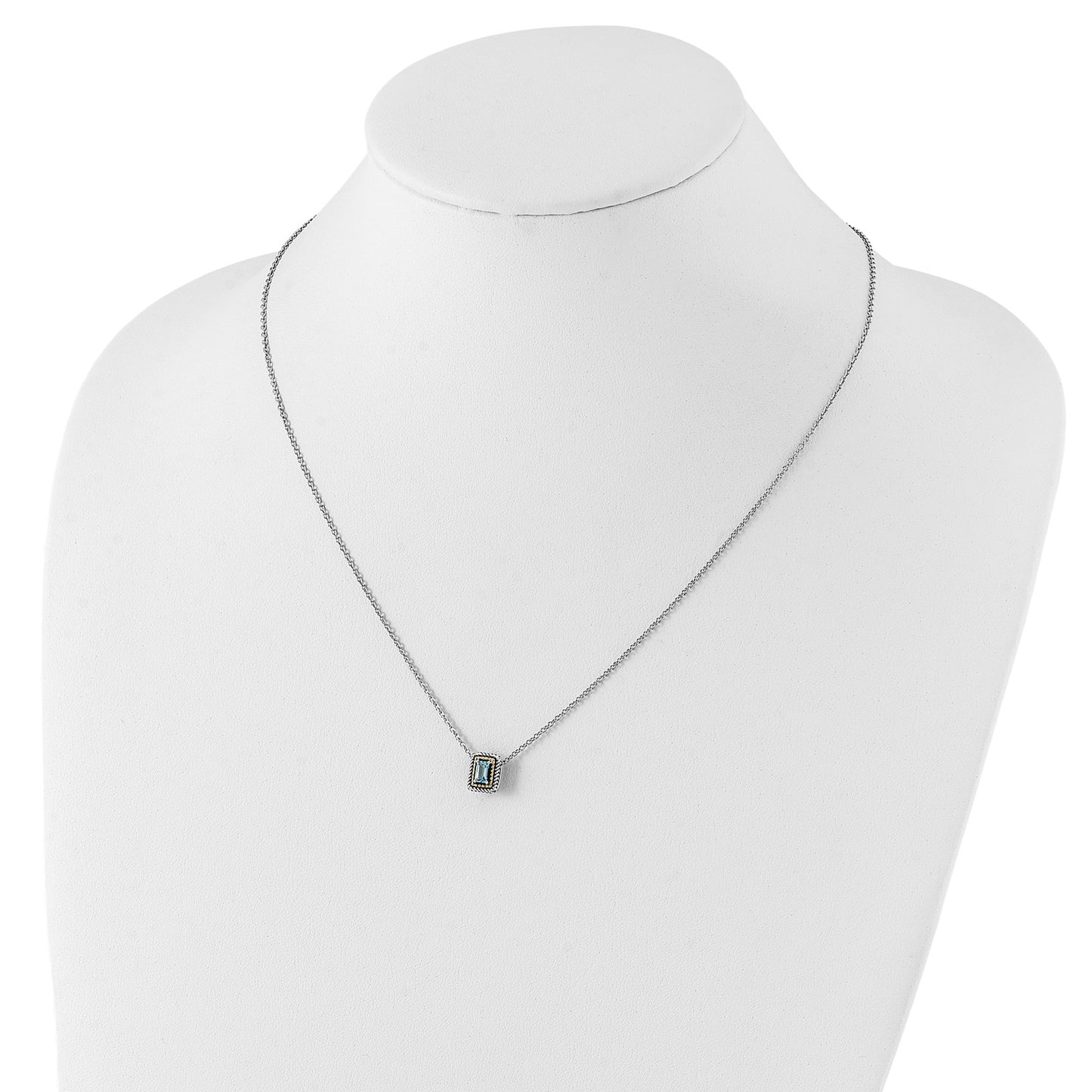 GSS Sterling Silver with 14K Accent 18 Inch Emerald-cut Antiqued Light Swiss Blue Topaz Necklace