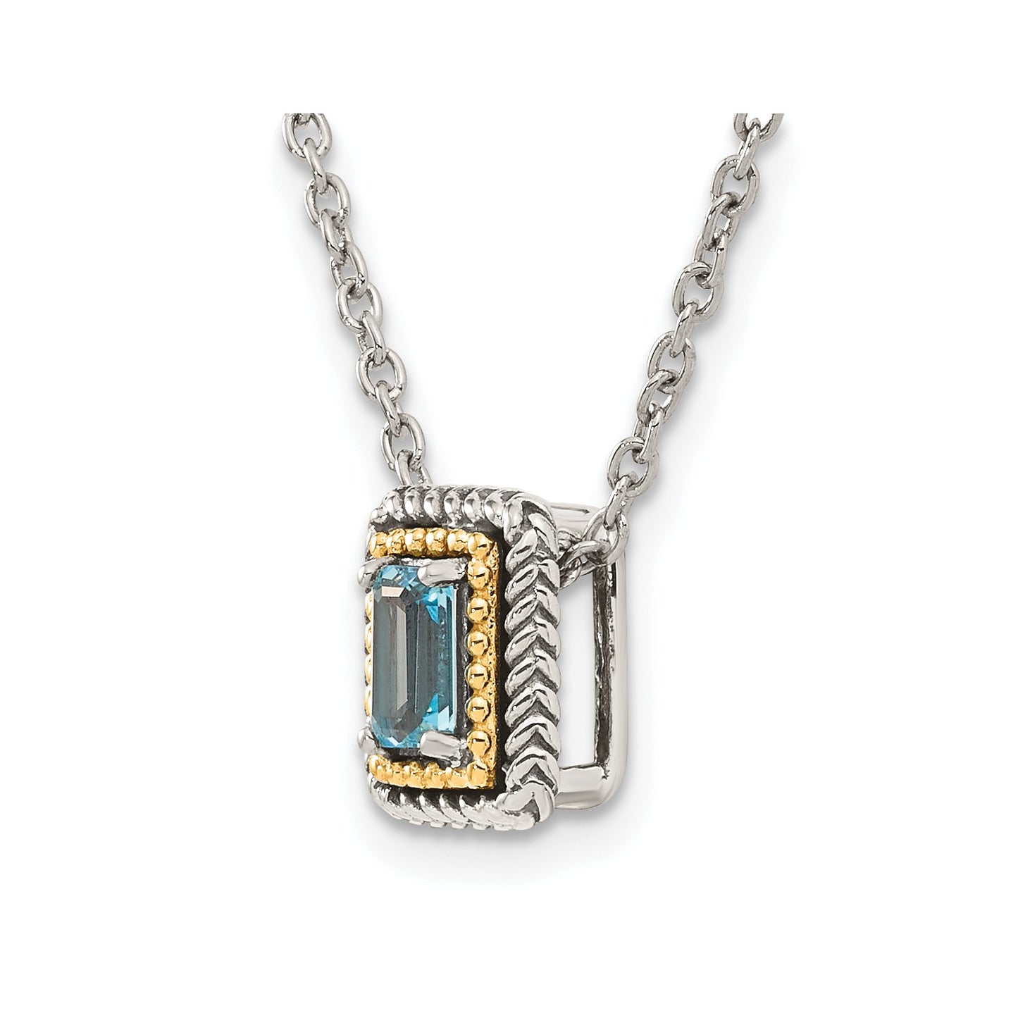 GSS Sterling Silver with 14K Accent 18 Inch Emerald-cut Antiqued Light Swiss Blue Topaz Necklace