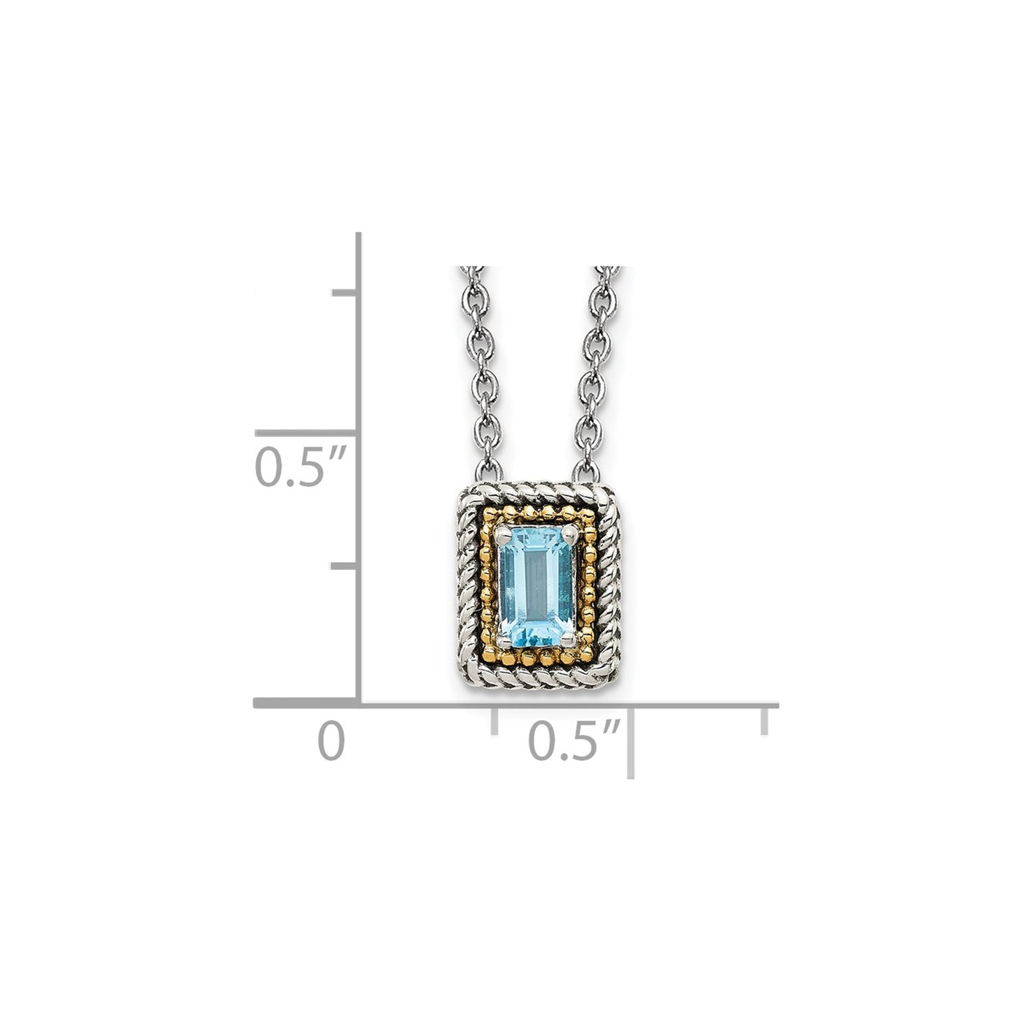 GSS Sterling Silver with 14K Accent 18 Inch Emerald-cut Antiqued Light Swiss Blue Topaz Necklace