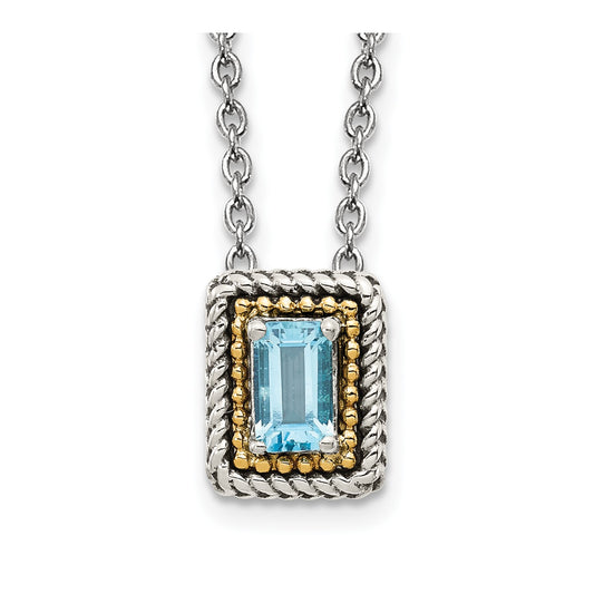 GSS Sterling Silver with 14K Accent 18 Inch Emerald-cut Antiqued Light Swiss Blue Topaz Necklace