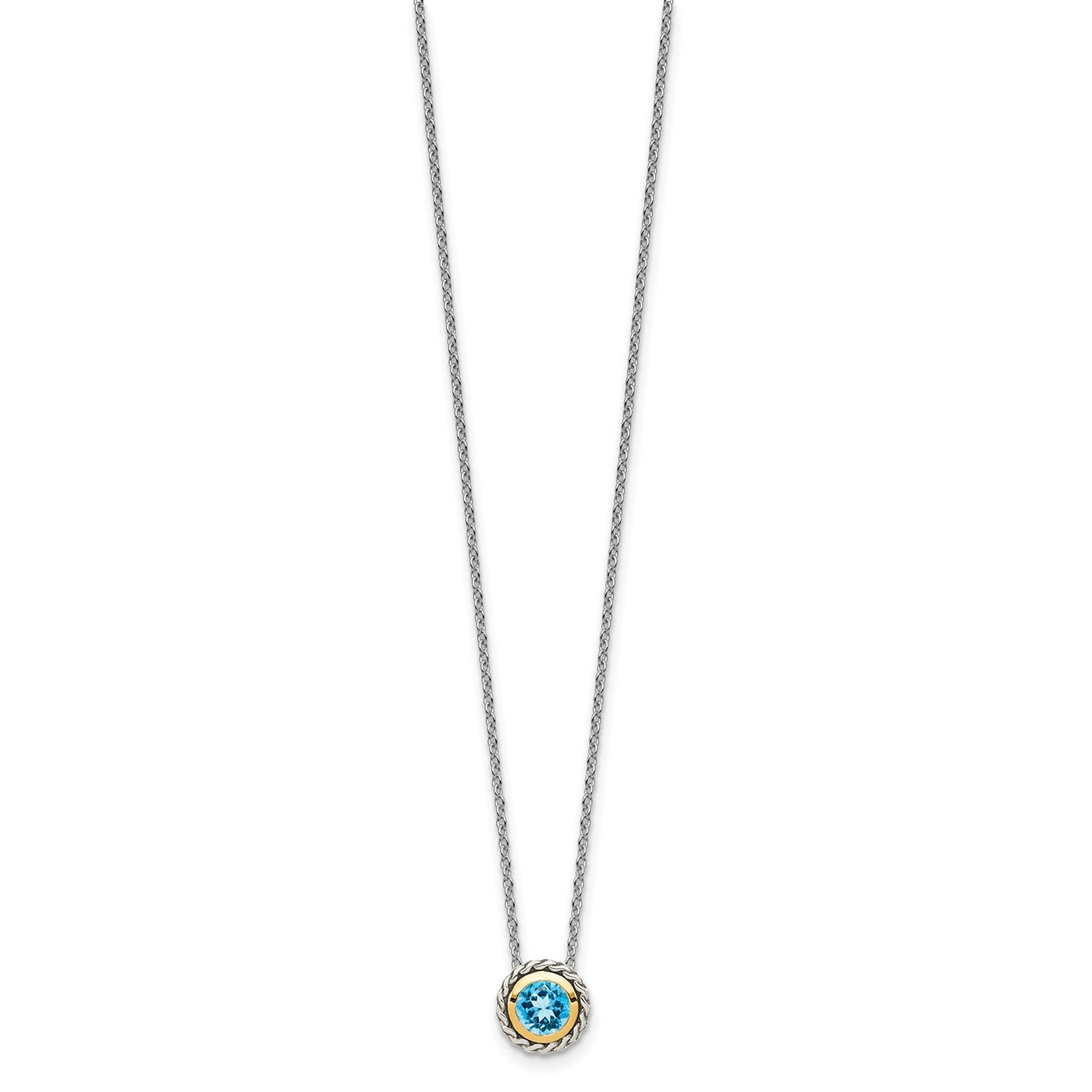GSS Sterling Silver with 14K Accent 18 Inch Antiqued Round Light Swiss Blue Topaz Necklace