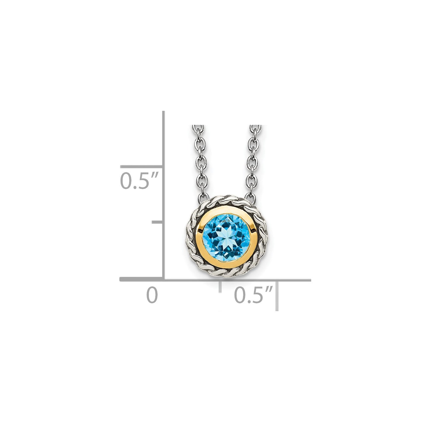 GSS Sterling Silver with 14K Accent 18 Inch Antiqued Round Light Swiss Blue Topaz Necklace