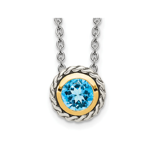 GSS Sterling Silver with 14K Accent 18 Inch Antiqued Round Light Swiss Blue Topaz Necklace