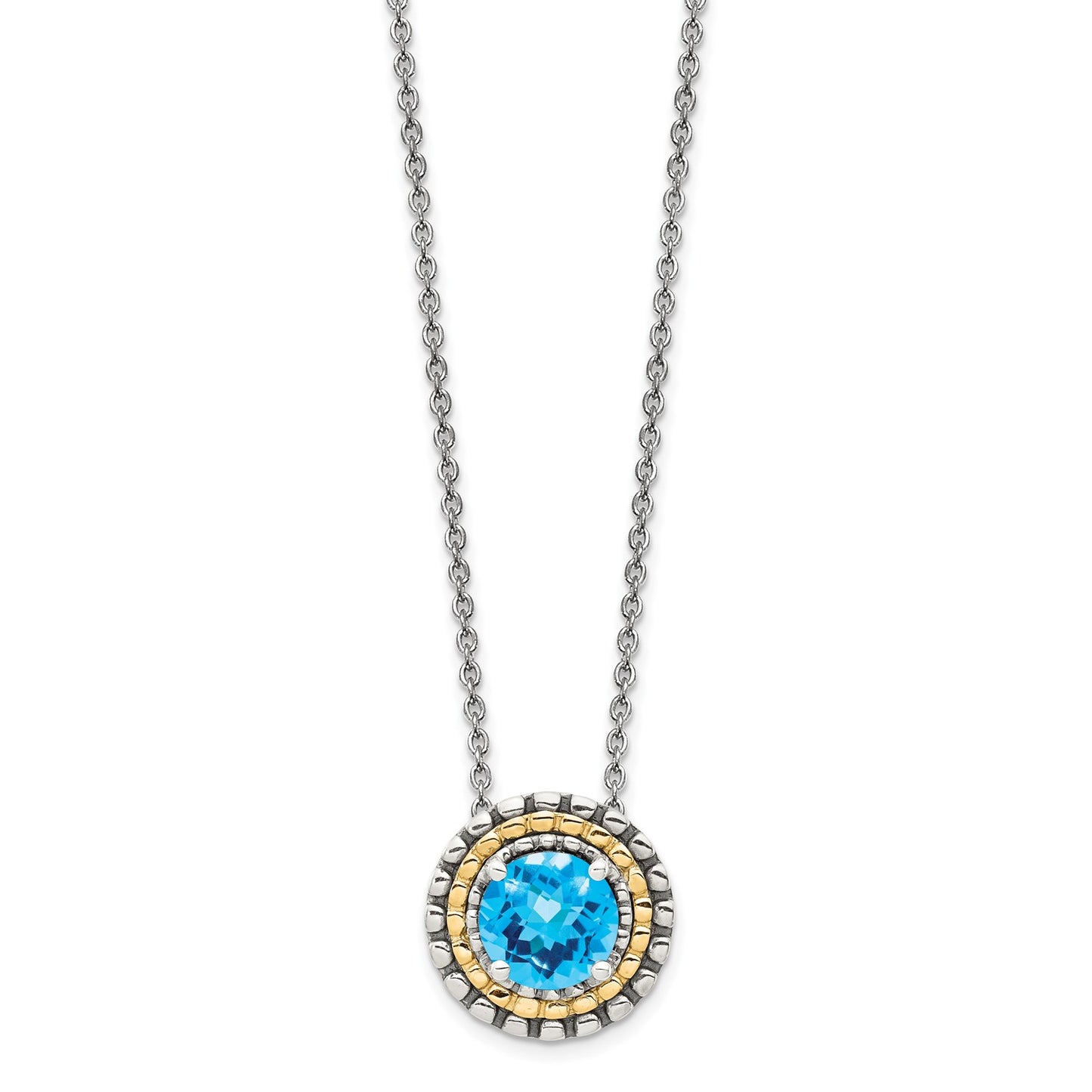 GSS Sterling Silver with 14K Accent 18 Inch Antiqued Round Light Swiss Blue Topaz Round Necklace