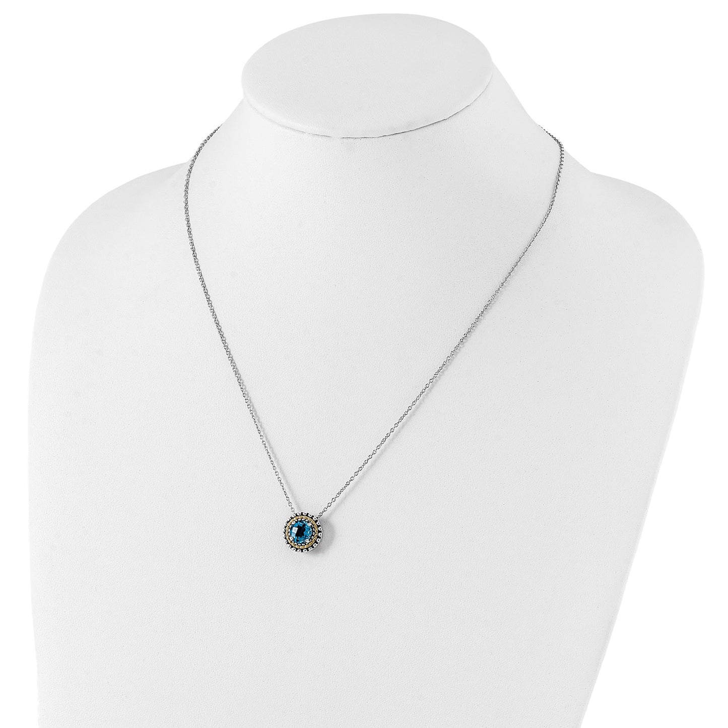 GSS Sterling Silver with 14K Accent 18 Inch Antiqued Round Light Swiss Blue Topaz Round Necklace