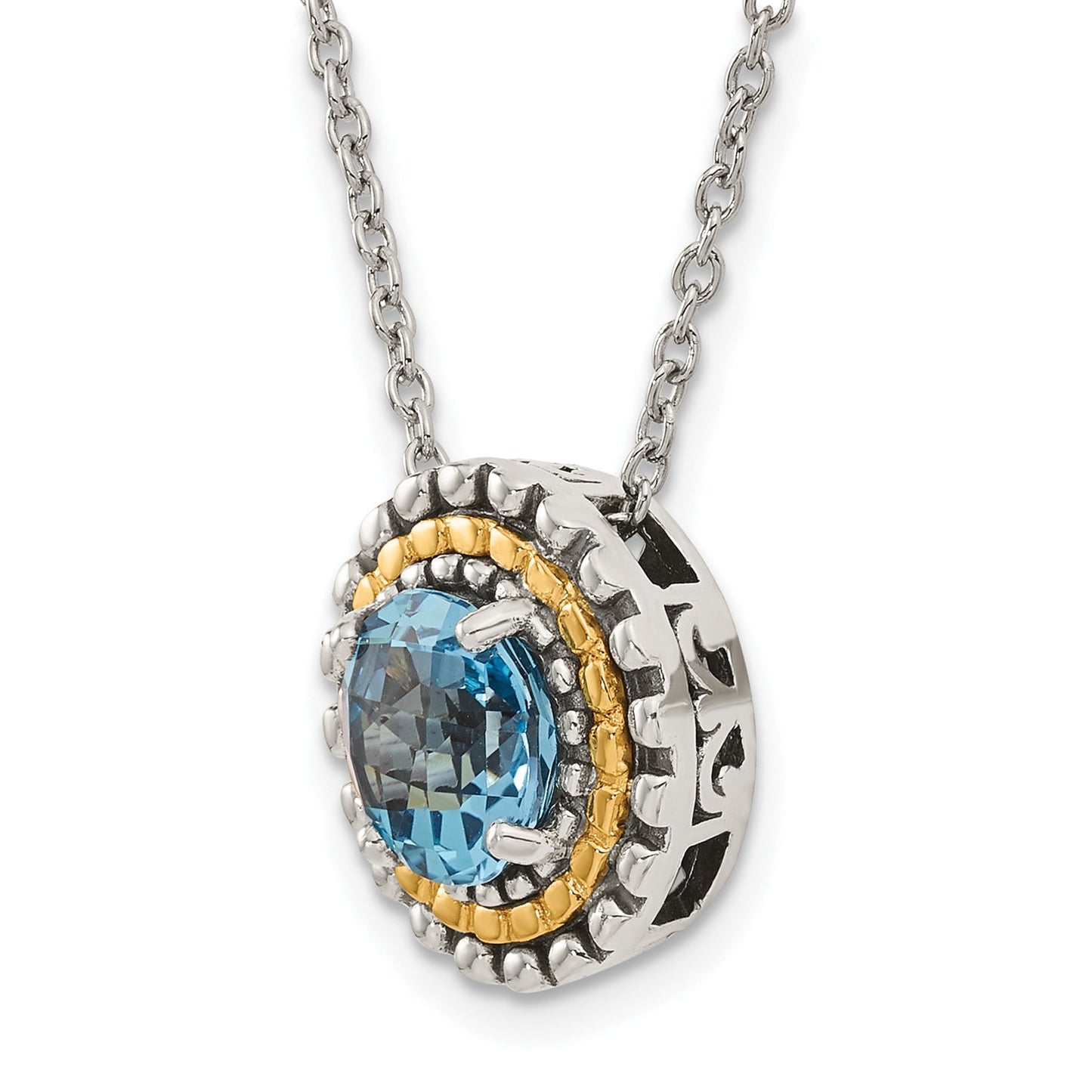 GSS Sterling Silver with 14K Accent 18 Inch Antiqued Round Light Swiss Blue Topaz Round Necklace