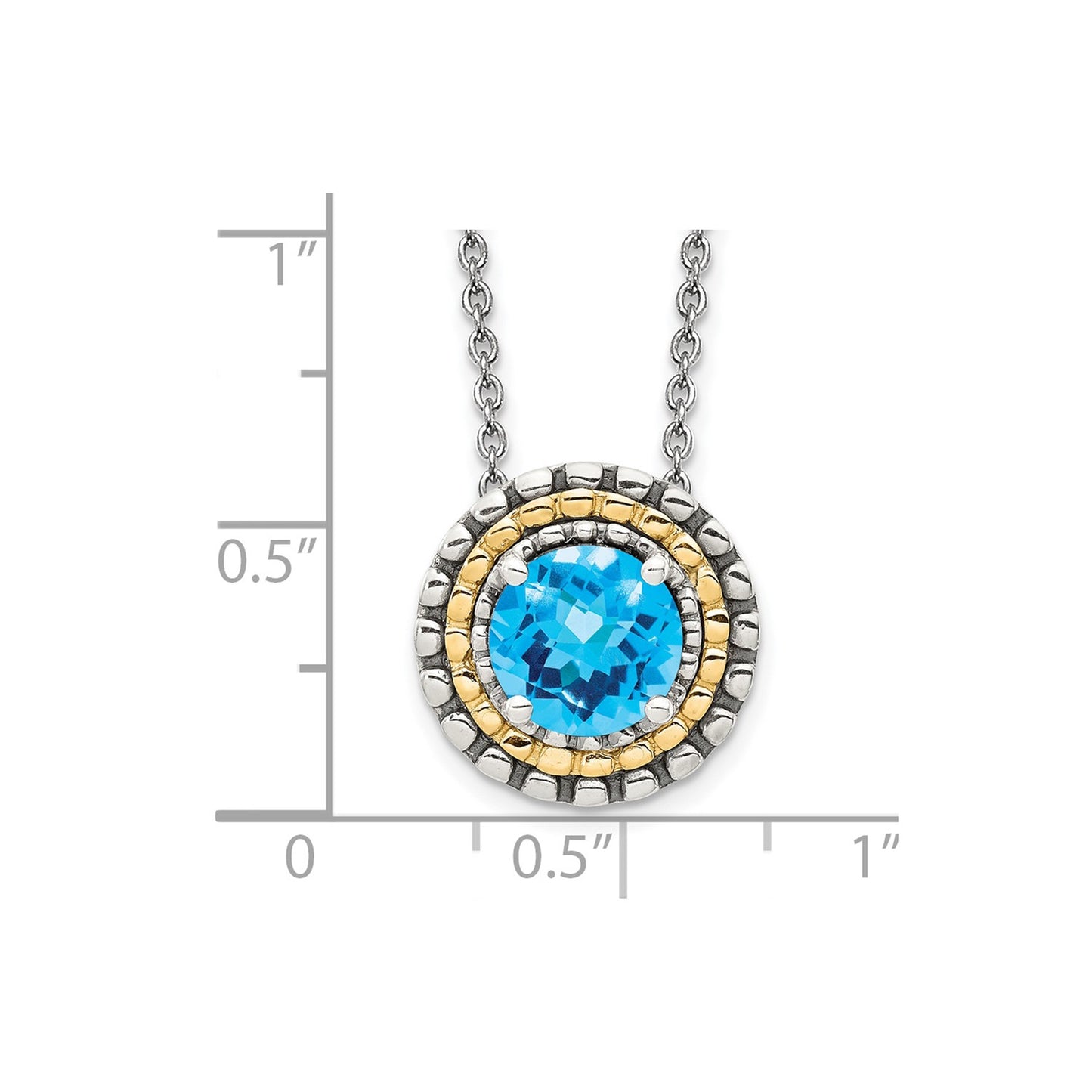 GSS Sterling Silver with 14K Accent 18 Inch Antiqued Round Light Swiss Blue Topaz Round Necklace