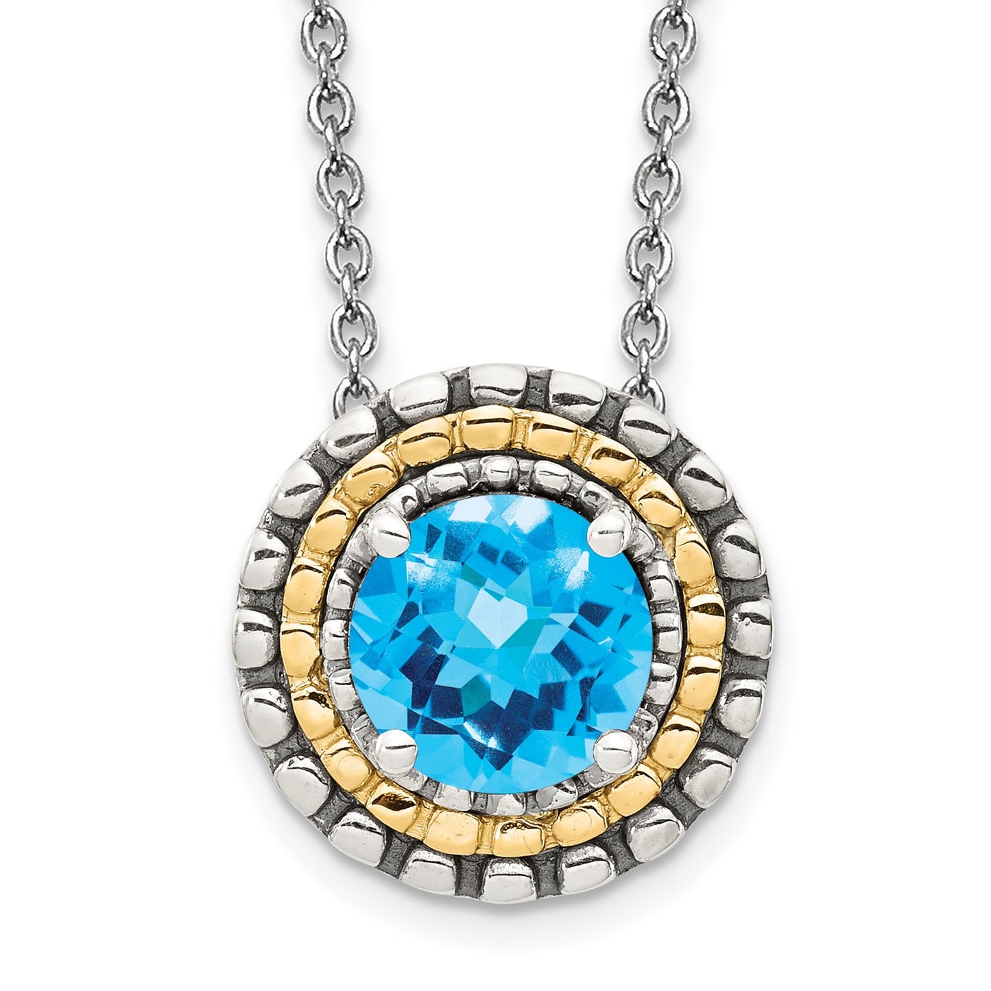 GSS Sterling Silver with 14K Accent 18 Inch Antiqued Round Light Swiss Blue Topaz Round Necklace