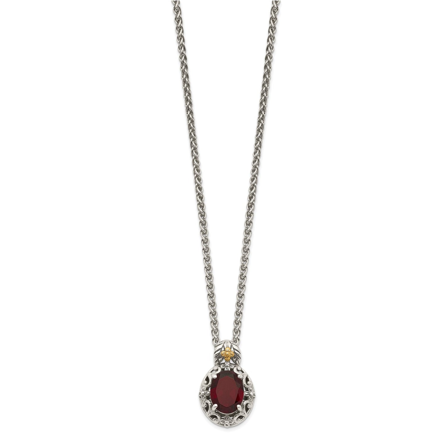 GSS Sterling Silver with 14K Accent 18 Inch Antiqued Oval Garnet Necklace