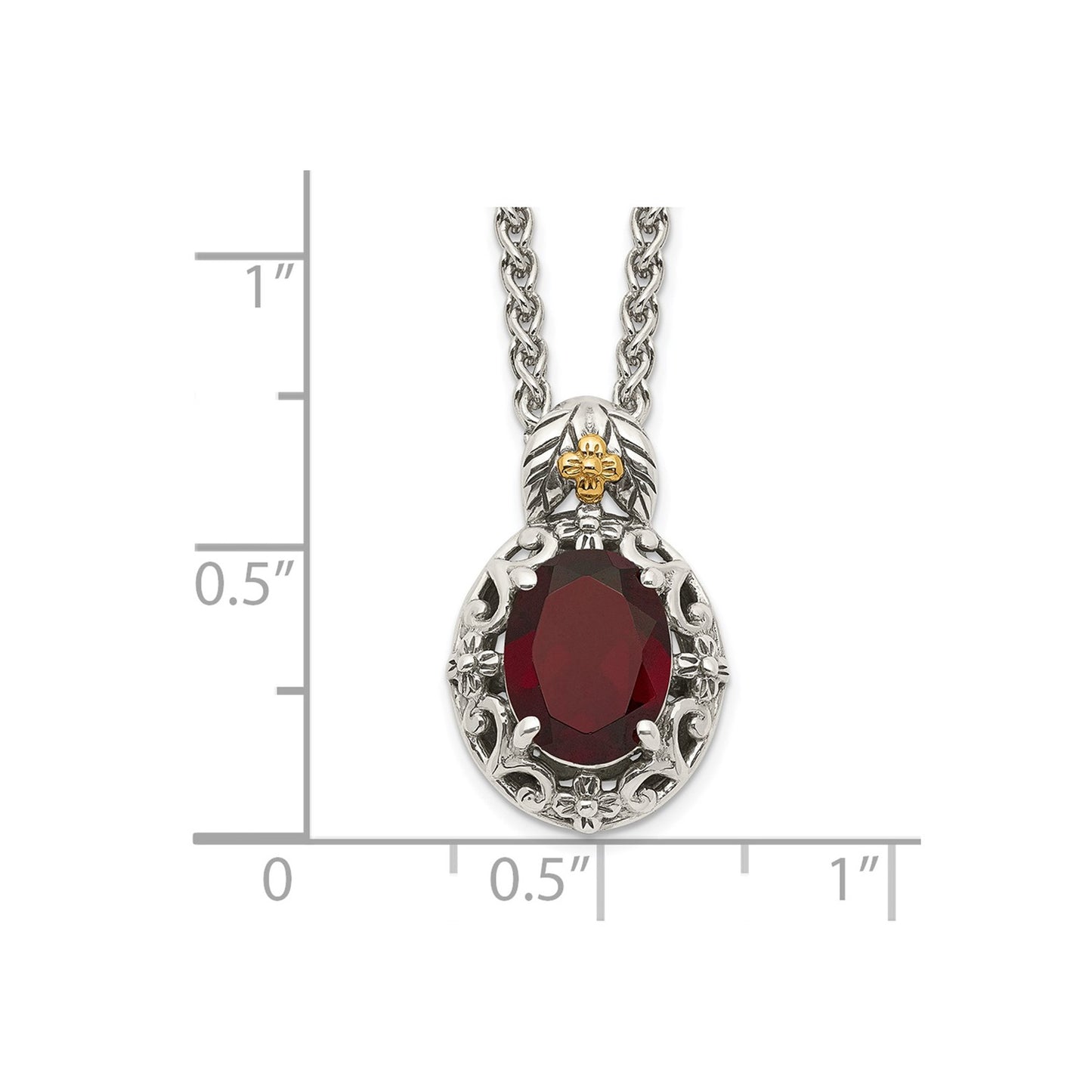 GSS Sterling Silver with 14K Accent 18 Inch Antiqued Oval Garnet Necklace