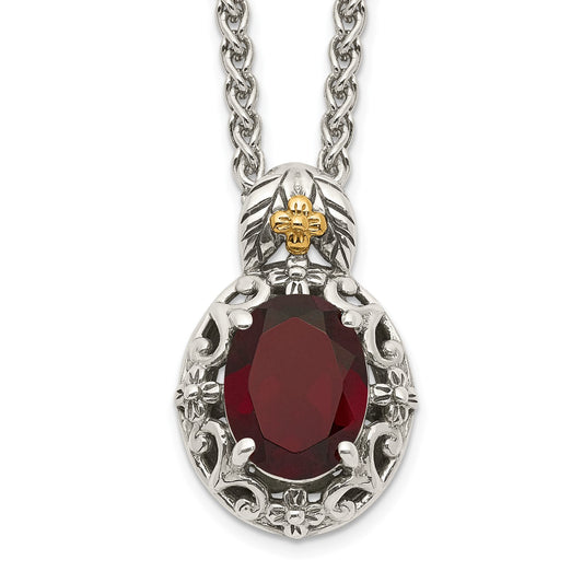 GSS Sterling Silver with 14K Accent 18 Inch Antiqued Oval Garnet Necklace