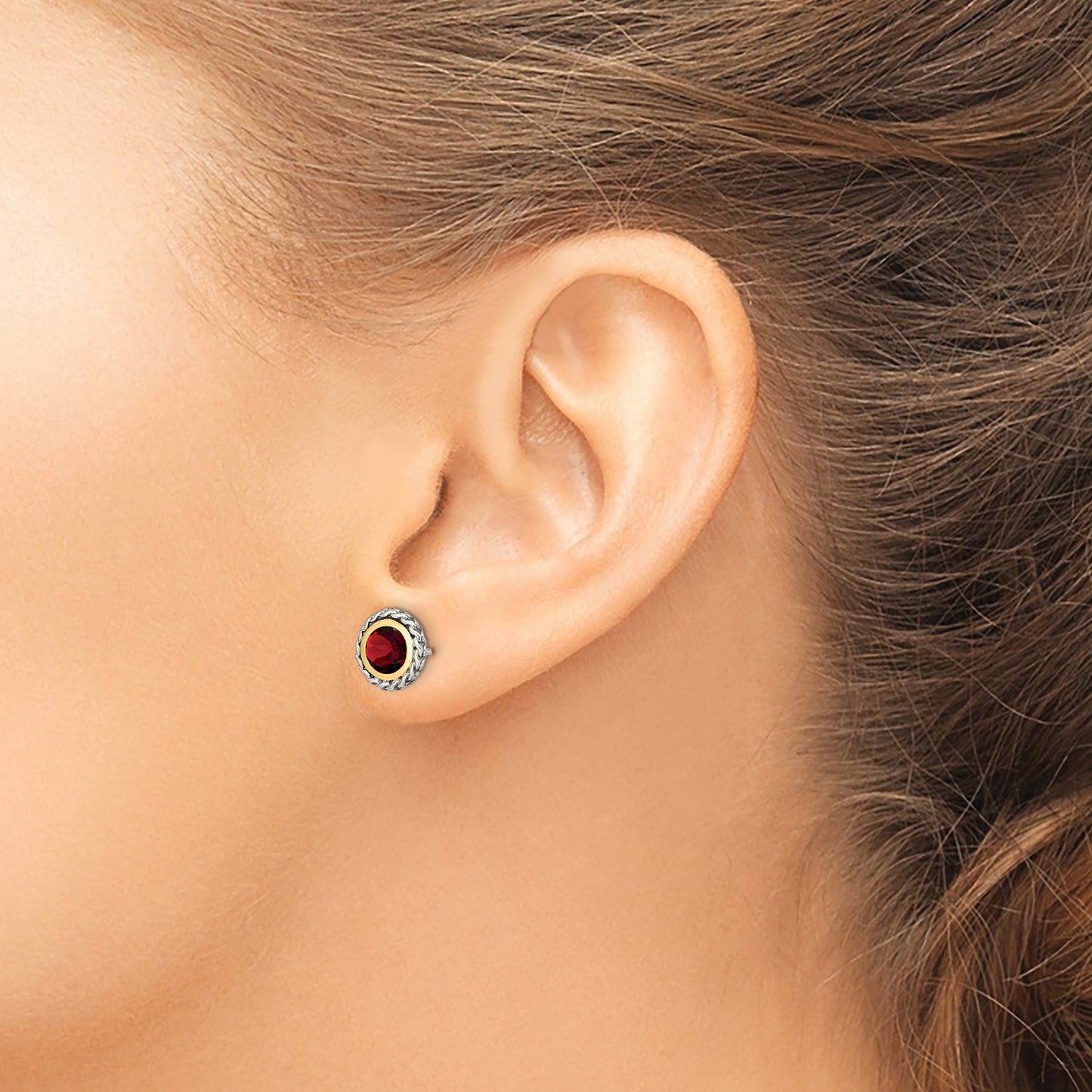GSS Sterling Silver with 14K Accent Antiqued Round Bezel Garnet Post Earrings