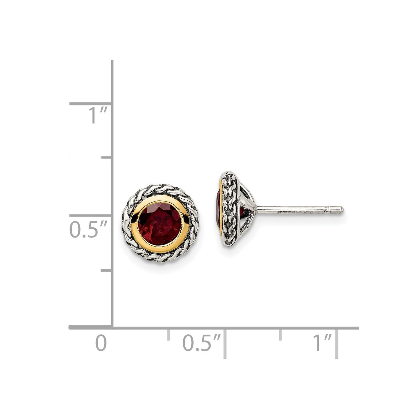 GSS Sterling Silver with 14K Accent Antiqued Round Bezel Garnet Post Earrings