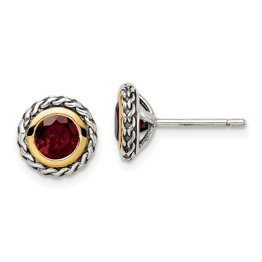 GSS Sterling Silver with 14K Accent Antiqued Round Bezel Garnet Post Earrings
