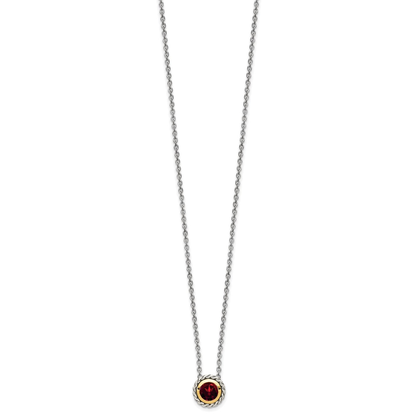 GSS Sterling Silver with 14K Accent 18 Inch Antiqued Round Bezel Garnet Necklace
