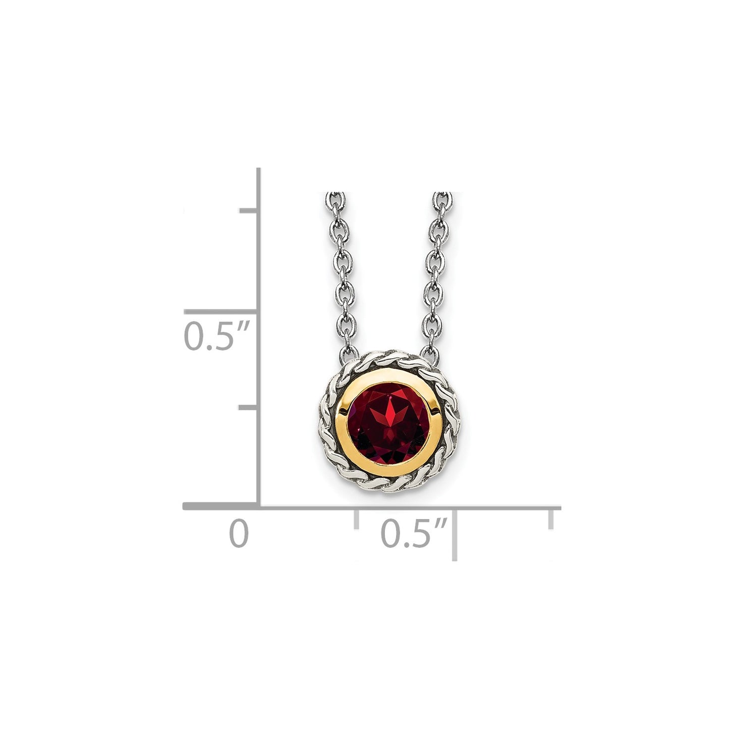 GSS Sterling Silver with 14K Accent 18 Inch Antiqued Round Bezel Garnet Necklace