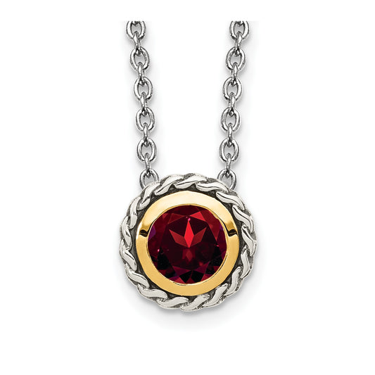 GSS Sterling Silver with 14K Accent 18 Inch Antiqued Round Bezel Garnet Necklace
