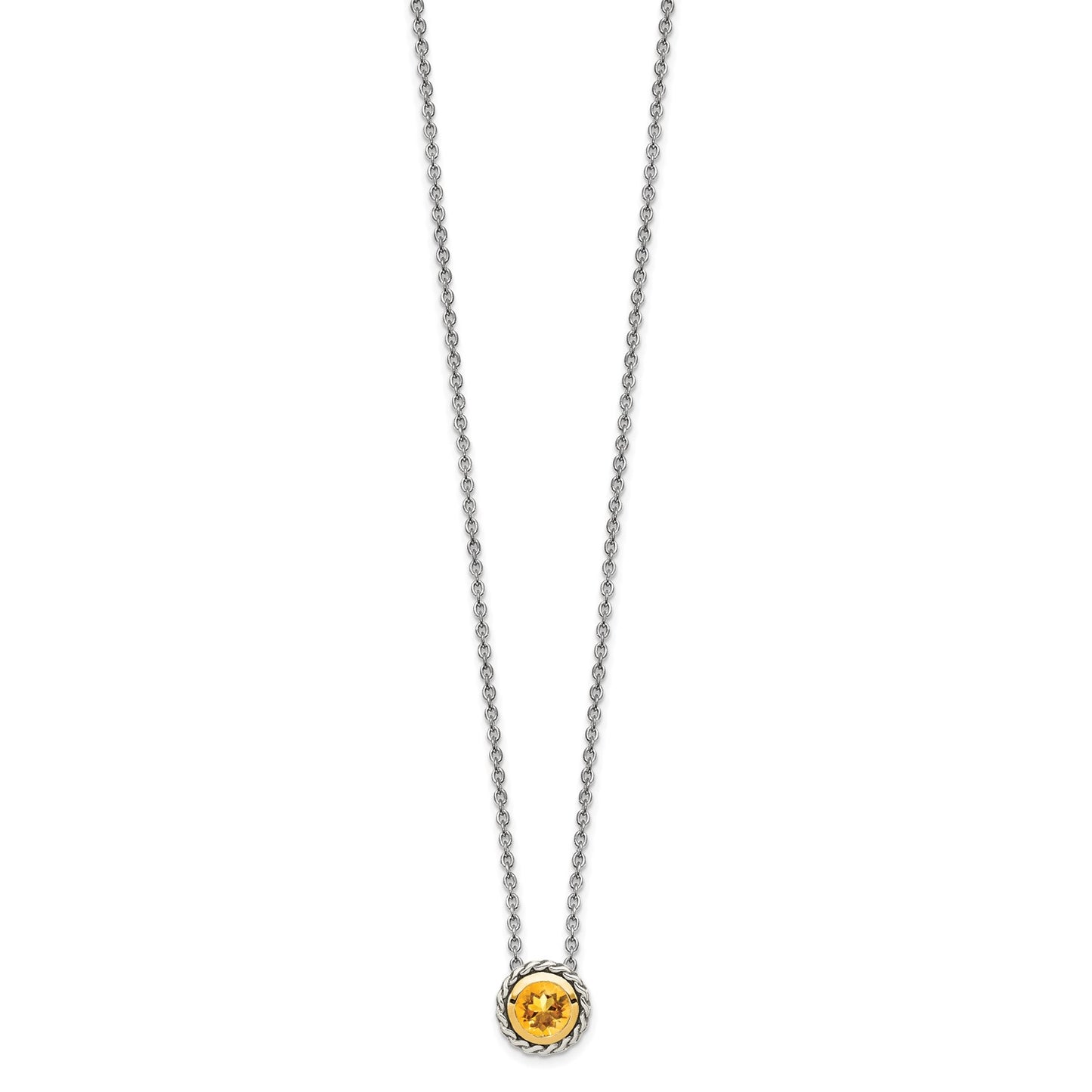 GSS Sterling Silver with 14K Accent 18 Inch Antiqued Round Bezel Citrine Necklace
