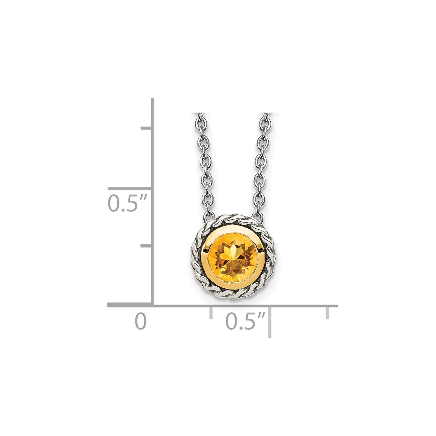 GSS Sterling Silver with 14K Accent 18 Inch Antiqued Round Bezel Citrine Necklace