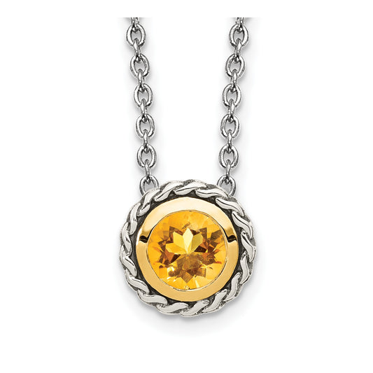 GSS Sterling Silver with 14K Accent 18 Inch Antiqued Round Bezel Citrine Necklace